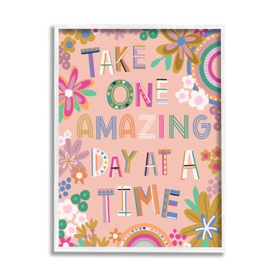 Stupell Industries One Amazing Day Motivational Phrase Children's Flower Rainbows, Design by Lisa Perry Whitebutton
