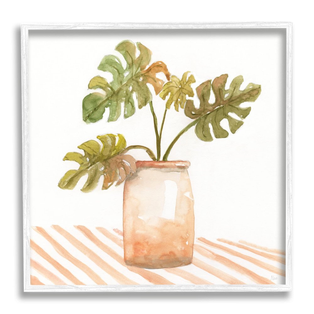 Stupell Industries Monstera Plant Ceramic Glazed Pot Striped Patterned Tabletop, Design by Nan