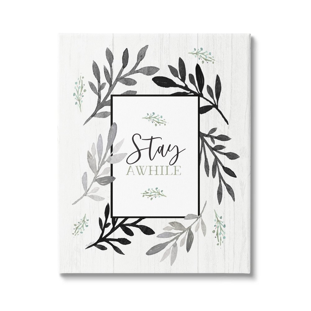Stupell Industries Stay Awhile Phrase Country Herb Foliage Border, Design by Elizabeth Tyndall