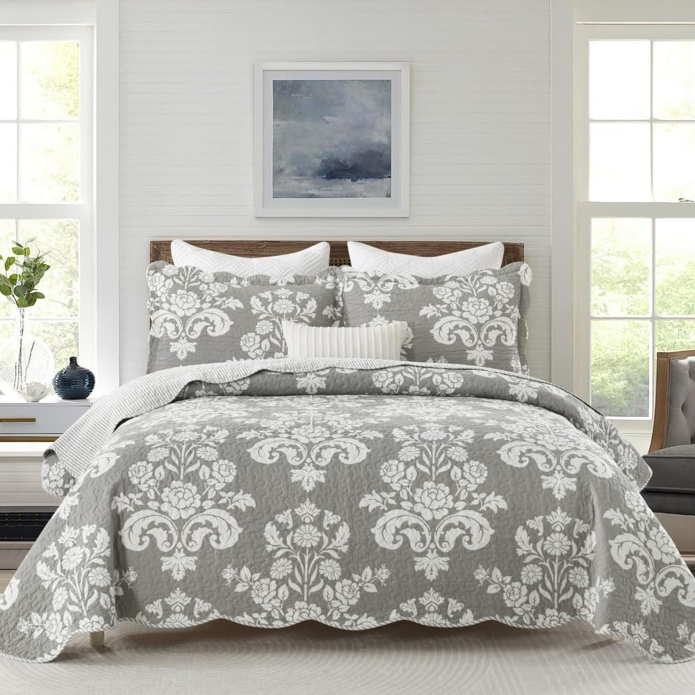 BCOTTOND King Size Quilt Set - 100% Cotton Grey Quilt Set, Gray Floral Pattern Farmhouse Bedspread Set, King Lightweight Reversible King Quilt Bedding Set for All Season,Gray Grey White, 3-Piece