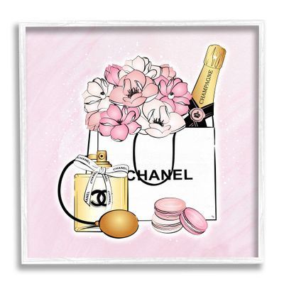 Stupell Industries Golden Perfume Flowered Fashion Shopping Bag Confectionary Macaroons, Design by Martina Pavlova