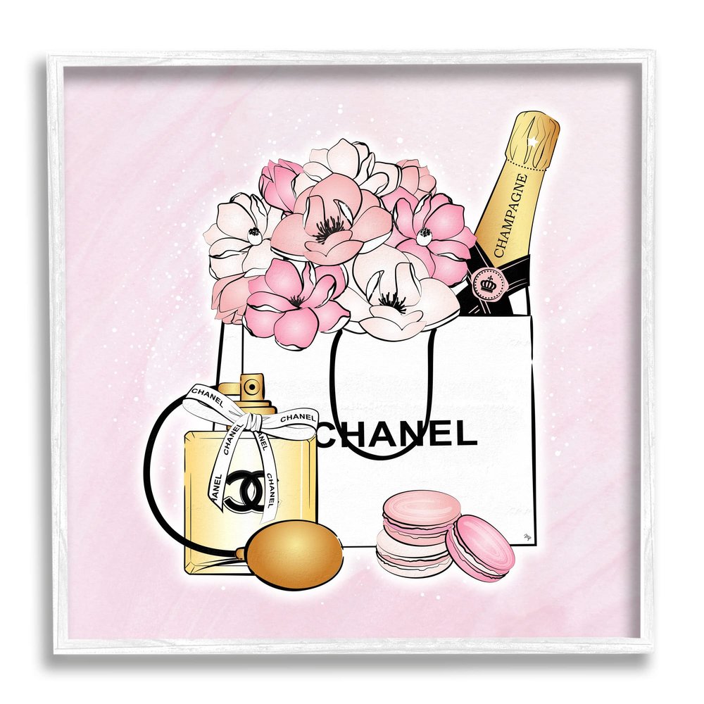 Stupell Industries Golden Perfume Flowered Fashion Shopping Bag Confectionary Macaroons, Design by Martina Pavlova