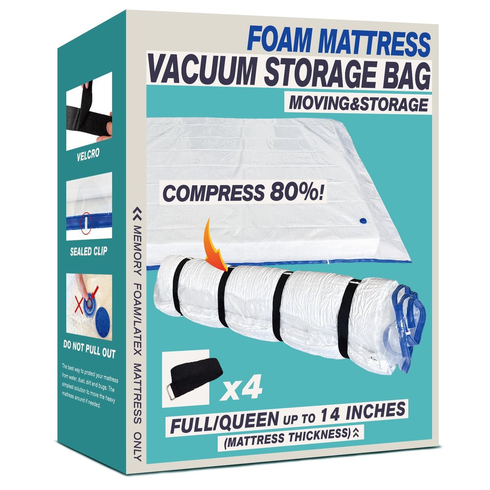 Queen Size Mattress Vacuum Bag for Memory Foam/Latex Mattress Upto 14 Inch, Moving Shipping and Storage, Waterproof and Airtight with 4 Adjustable Straps