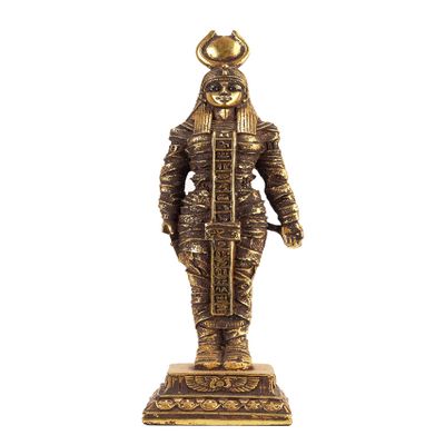 Ancient Egyptian statue of goddess Isis gold leaf hand painted contains eye of Horus solid stone made in Egypt.