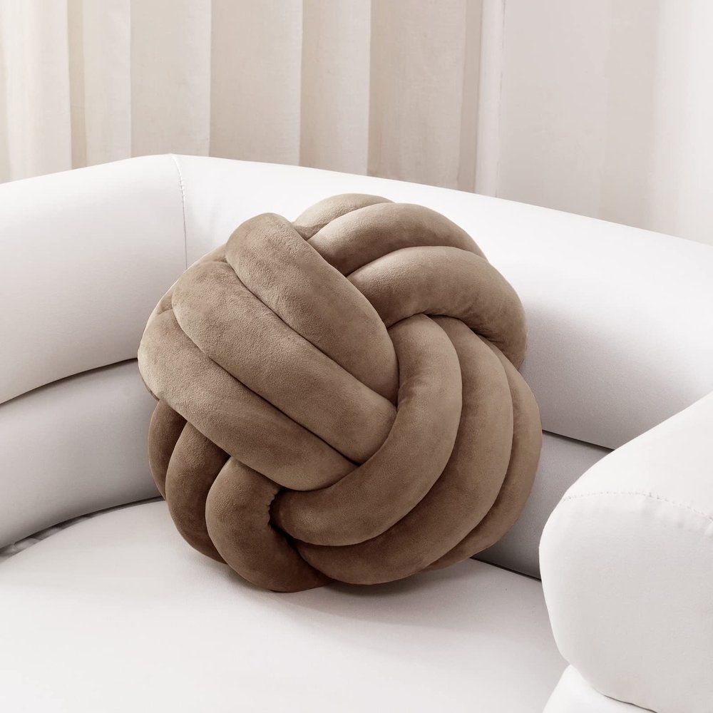 Sioloc Soft Knot Ball Pillows,Round Throw Pillow Cushion Home Decoration Plush Pillow,Throw Knotted Pillow Handmade Round Plush Pillow7.8inches,Brown