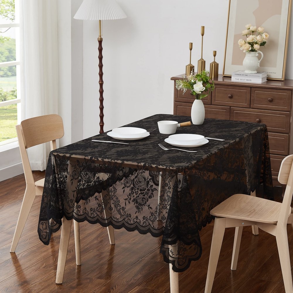 LinenZone Beautiful Oblong Lace Tablecloth with Elegant Scalloped Bottom for Any Special Event Such as Wedding, Birthday Party, Baby Shower, Anniversary. Sits 4 to 6 People. (Luna TC 54 x 72, Black)