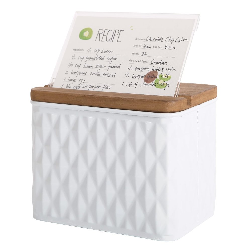 NIKKY HOME Kitchen 4x6 Metal White Recipe Box with Cards and Dividers, Diamond Embossed Pattern