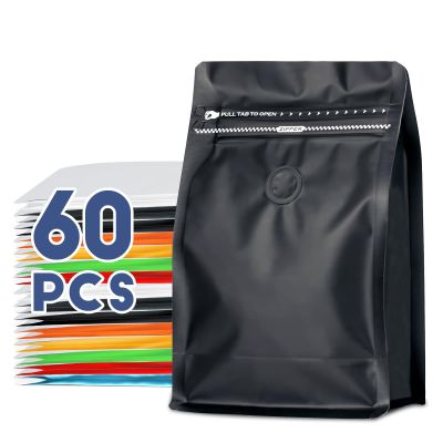 Coffee Bags with Valve(60pcs,8oz,1/2 lb) Vented Coffee Beans Packaging Bags High Barrier Aluminumed Foil Flat Bottom Heat Sealed Side Zipper Resealable Storage Bag for Home or BusinessBlack