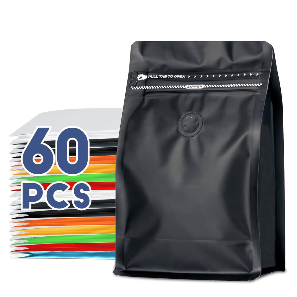 Coffee Bags with Valve(60pcs,8oz,1/2 lb) Vented Coffee Beans Packaging Bags High Barrier Aluminumed Foil Flat Bottom Heat Sealed Side Zipper Resealable Storage Bag for Home or BusinessBlack