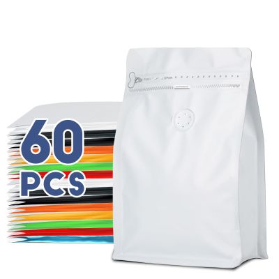 Coffee Bags with Valve(60pcs,8oz,1/2 lb) Vented Coffee Beans Packaging Bags High Barrier Aluminumed Foil Flat Bottom Heat Sealed Side Zipper Resealable Storage Bag for Home or BusinessWhite