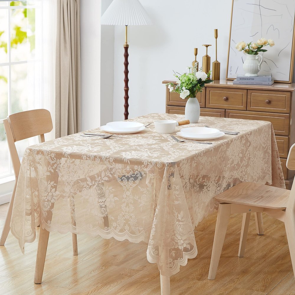 LinenZone Beautiful Oblong Lace Tablecloth with Elegant Scalloped Bottom for Any Special Event Such as Wedding, Birthday Party, Baby Shower, Anniversary. Sits 4 to 6 People. (Luna TC 54 x 72, Linen)