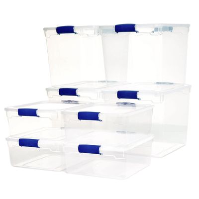 HOMZ Secure Latch, Clear Plastic Storage Organizer Bins, 31 Quart (4-Pack) & 15.5 Quart (4-Pack), Blue Latches - Stackable Organizing Containers for Home, Garage, and Office