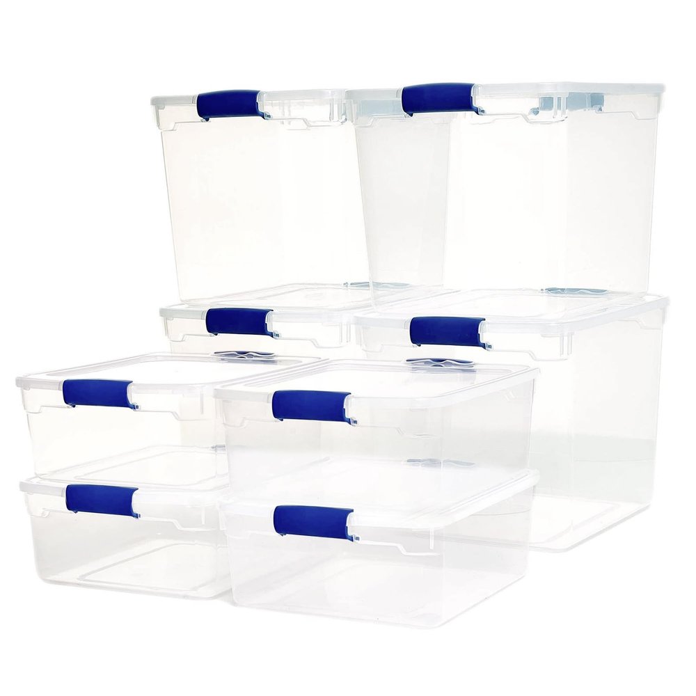 HOMZ Secure Latch, Clear Plastic Storage Organizer Bins, 31 Quart (4-Pack) & 15.5 Quart (4-Pack), Blue Latches - Stackable Organizing Containers for Home, Garage, and Office