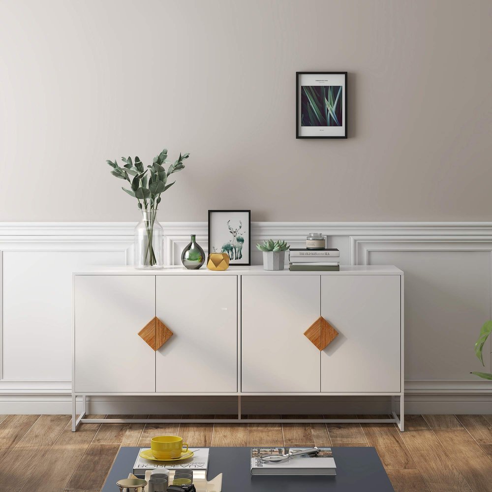 GLCHQ Sideboard Cabinet Kitchen Buffet Storage Cabinet Entryway Cupboard with Metal Legs and Solid Wood Square Handles for Kitchen Living Room Office Bedroom (4Doors and Double Storage)