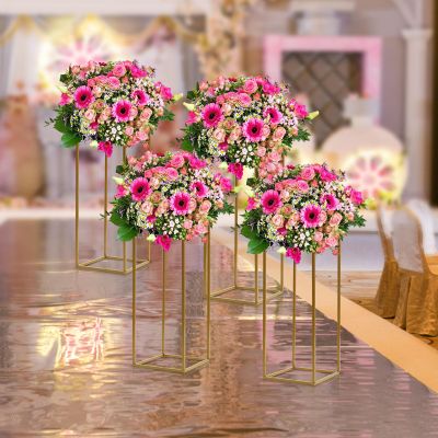 4Pcs Stable Flower Stand for Wedding Metal Pillar Road Lead Flower Stand Wedding Decoration Vase Stand Centerpiece Geometric Column Rack H 40cm/16in and 60cm/24in (Gold)