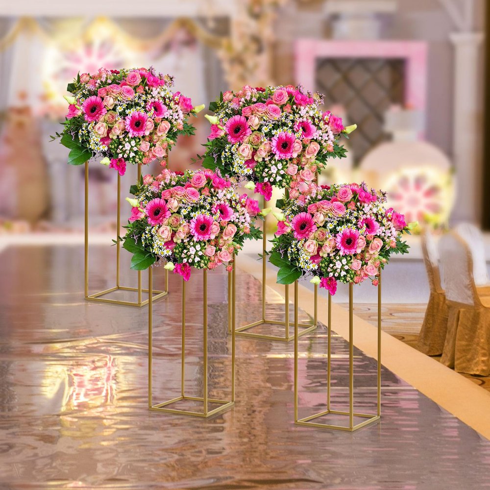 4Pcs Stable Flower Stand for Wedding Metal Pillar Road Lead Flower Stand Wedding Decoration Vase Stand Centerpiece Geometric Column Rack H 40cm/16in and 60cm/24in (Gold)