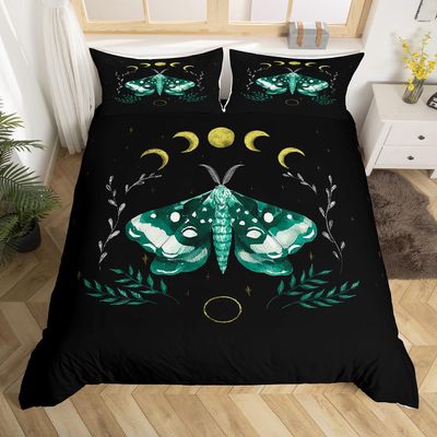 Moth Comforter Cover Queen,Leaves and Sun Moon Bedding Set 3 Pcs for Kids Teens Adults Girls Room Decor,Gothic Animals Plants Themed Duvet Cover Set Soft Black Quilt Cover with 2 Pillowcases