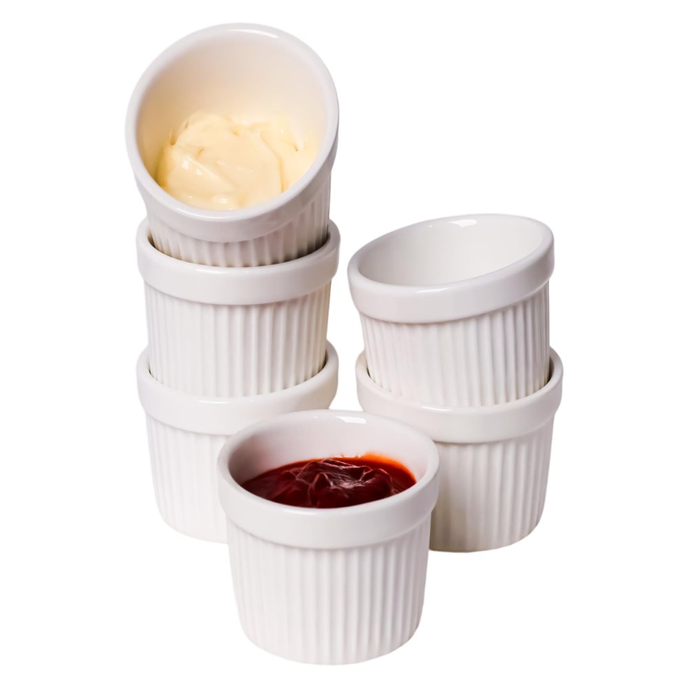 2.5 oz Ramekins 6 pcs Porcelain Ramekins Dishes for Souffle,Creme Brulee, Pudding, Custard Cups,Bakeware Bowls Set for Baking,Oven Safe, White 2.5 inch
