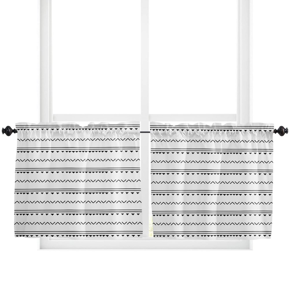 BOBOWUNY Boho Window Tier Curtains 24 Inches Long Set of 2 Panels, Black and White Abstract Geometric Half Windows Rod Pocket Kitchen Curtains Small Kitchen Drapes for Bathroom Cafe
