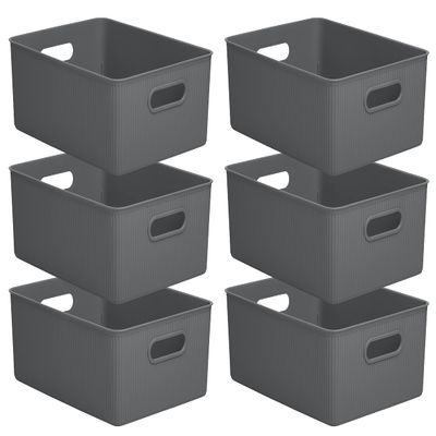 Superio Ribbed Collection - Decorative Plastic Basket Open Home Storage Bins Organizer, Large Grey (6 Pack) Container Boxes for Organizing Closet Storage Bins for Shelves 15 Liter/16 Quart