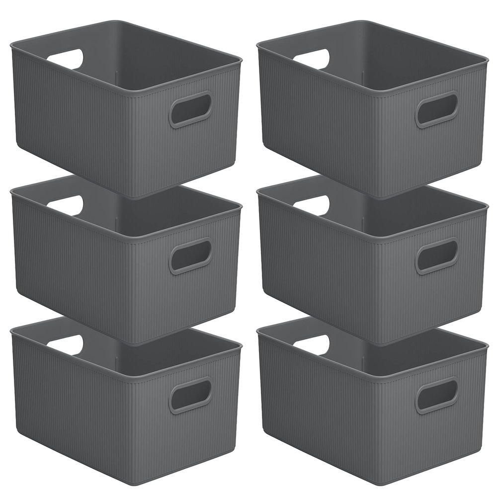 Superio Ribbed Collection - Decorative Plastic Basket Open Home Storage Bins Organizer, Large Grey (6 Pack) Container Boxes for Organizing Closet Storage Bins for Shelves 15 Liter/16 Quart