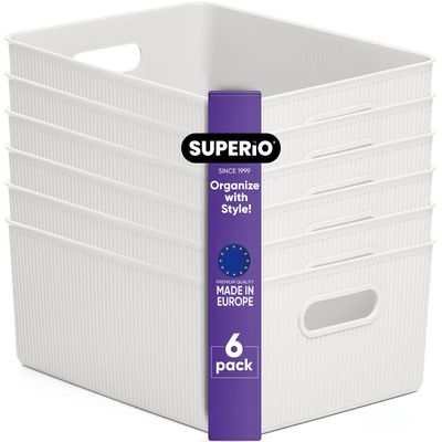 Superio Ribbed Collection - Decorative Plastic Basket Open Home Storage Bins Organizer, Large White (6 Pack) Container Boxes for Organizing Closet Storage Bins for Shelves 15 Liter/16 Quart