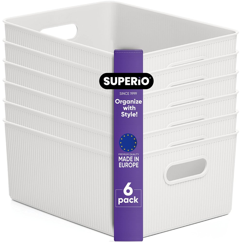 Superio Ribbed Collection - Decorative Plastic Basket Open Home Storage Bins Organizer, Large White (6 Pack) Container Boxes for Organizing Closet Storage Bins for Shelves 15 Liter/16 Quart