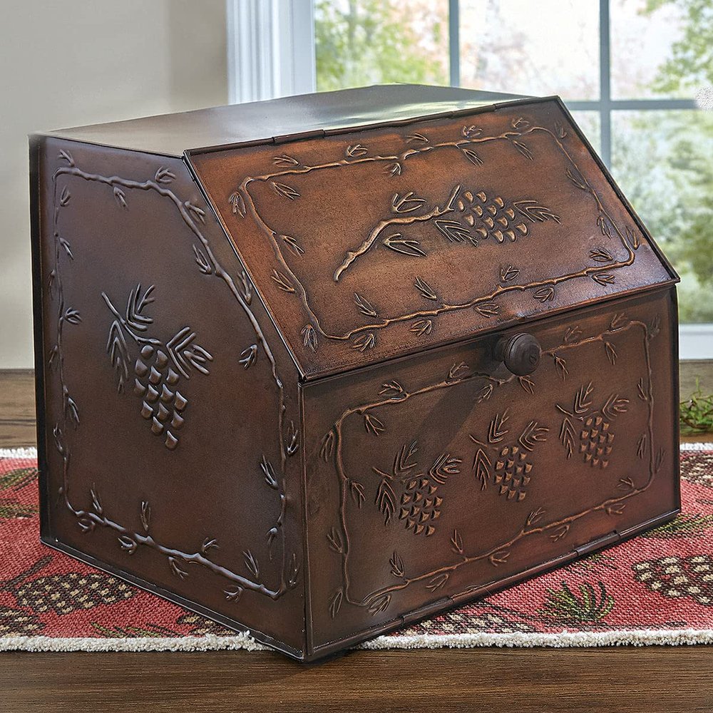 BLACK FOREST DECOR - Pinecones Metal Breadbox with Aged Copper Finish, Rustic Kitchen Storage - 13" x 11" x 11"
