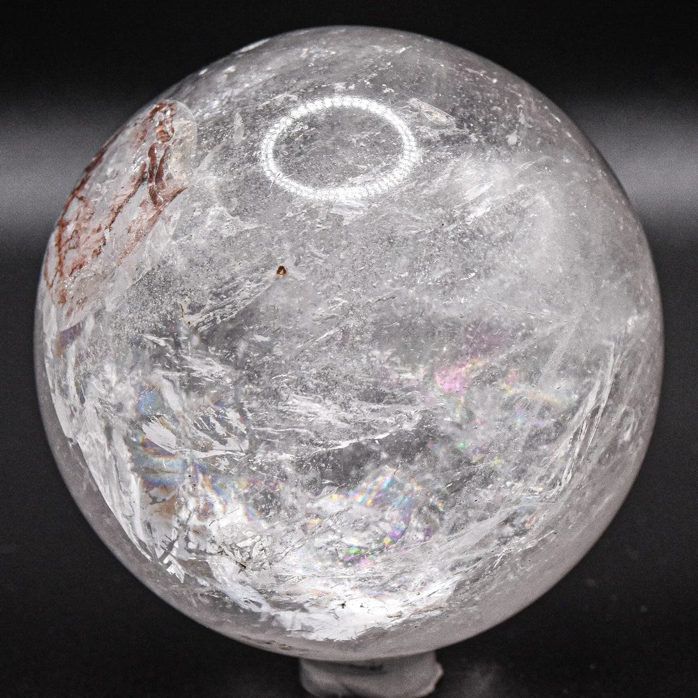 2.75" 475g Rainbow Flash Clear Quartz w/Red Inclusions Sphere Polished Natural Sparkling Translucent Gemstone Crystal Mineral Ball - India + Stand'