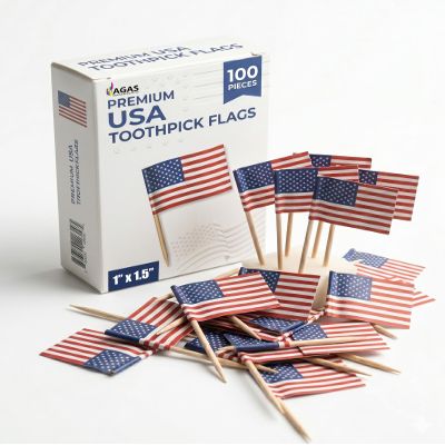 AGAS Mfg 1" x 1.5" USA Toothpick Flag(100 pcs in a box) - Printed on 2-ply paper, Attached to 4" Toothpick With Box Packaging