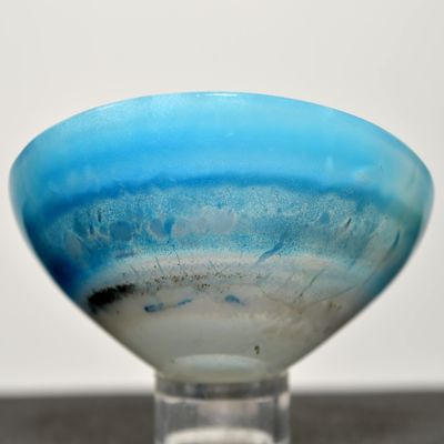 HC Set: 3" Dyed Blue White Chalcedony Bowl Stunning Mineral Handmade Crystal Stone Cup - India + One Polished Clear Quartz Cabochon