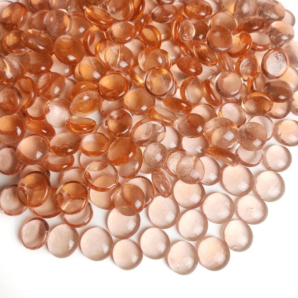 HappyFiller 5 LB Champagne (Peach Pink) Flat Marbles Fire Glass Gems Vase Filler Aquarium Rocks,Fire Pit Fireplace,Home Accents Floral Arrangement,Table Scatters,Fountain Decor,Garden Landscape