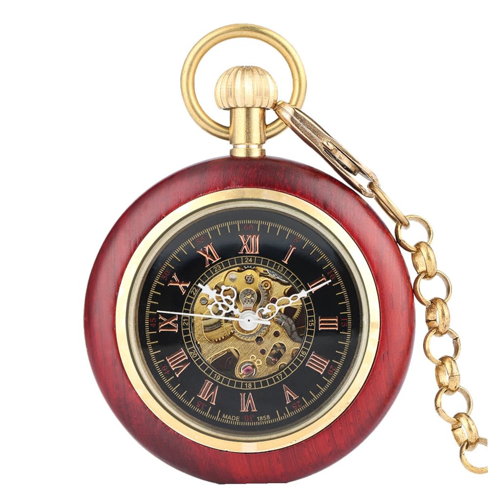 Sosoport Wood Grain Mechanical Pocket Watch Men Watches Roman Numeral Watch Hanging Pocket Roman Numeral Relojes para Hombre Woman Chained Timer Student Glass