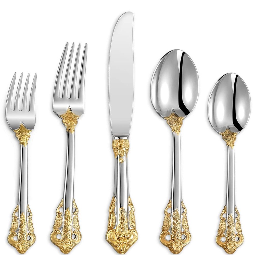30pcs Silverware Set Service for 6 person, 18/10 Stainless Steel Flatware Set, Silver Plated with Gold Flatware Set, Including Knife/Fork/Spoon, Mirror Planed, Dishwasher Safe (30pcs, Gold Plated)