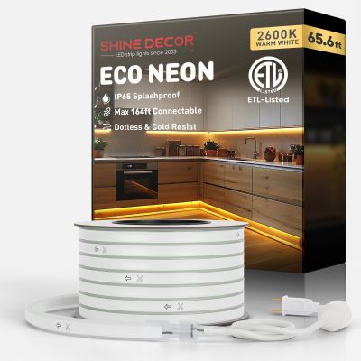 Shine Decor LED Rope Lights AC 120V, Connectable & Cuttable Dotless 120LEDs/M Eco Neon Strip Lighting, ETL IP65 Waterproof & Weather-Resistant for Home Commercial, 8x16mm, 2600K Warm White, 65.6FT