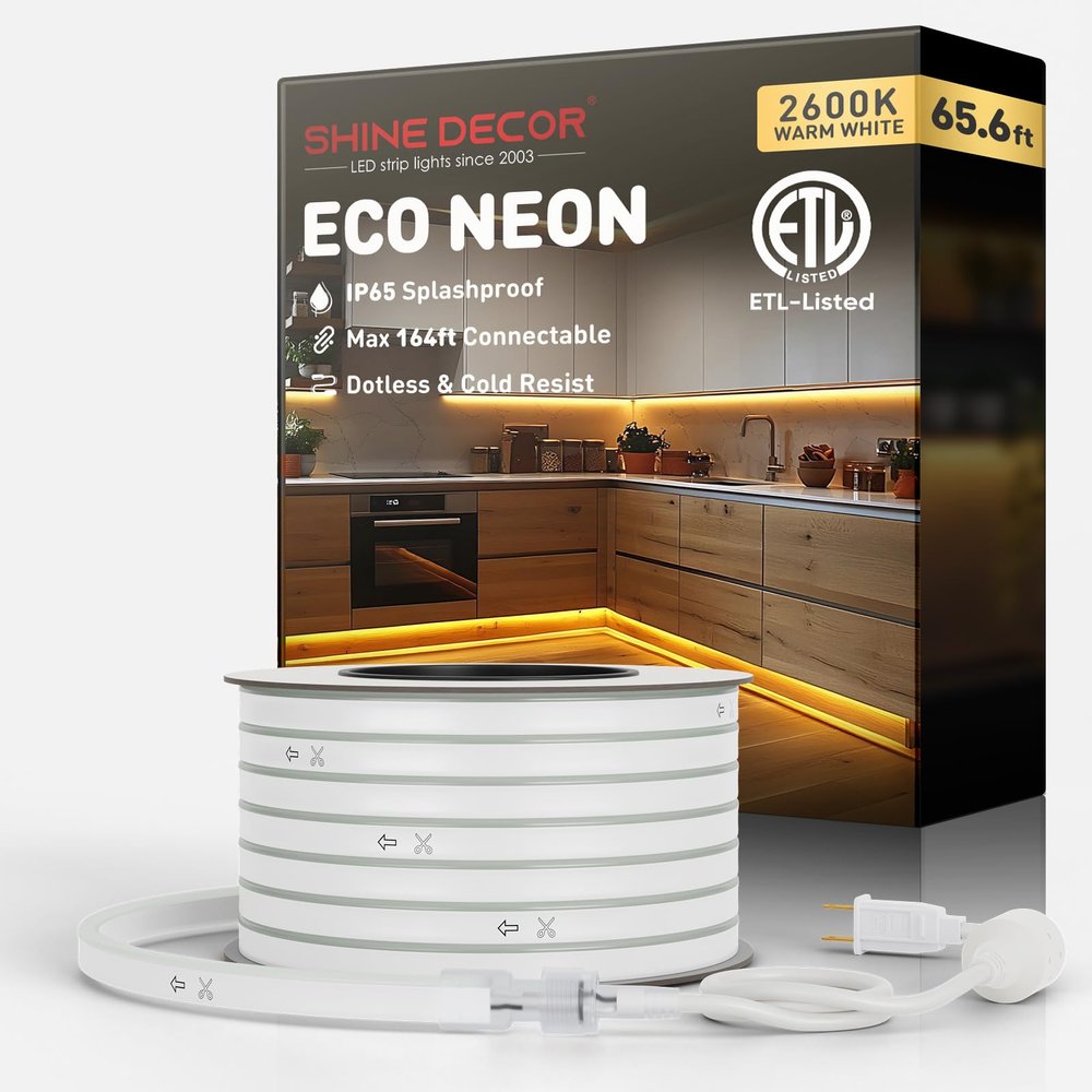 Shine Decor LED Rope Lights AC 120V, Connectable & Cuttable Dotless 120LEDs/M Eco Neon Strip Lighting, ETL IP65 Waterproof & Weather-Resistant for Home Commercial, 8x16mm, 2600K Warm White, 65.6FT