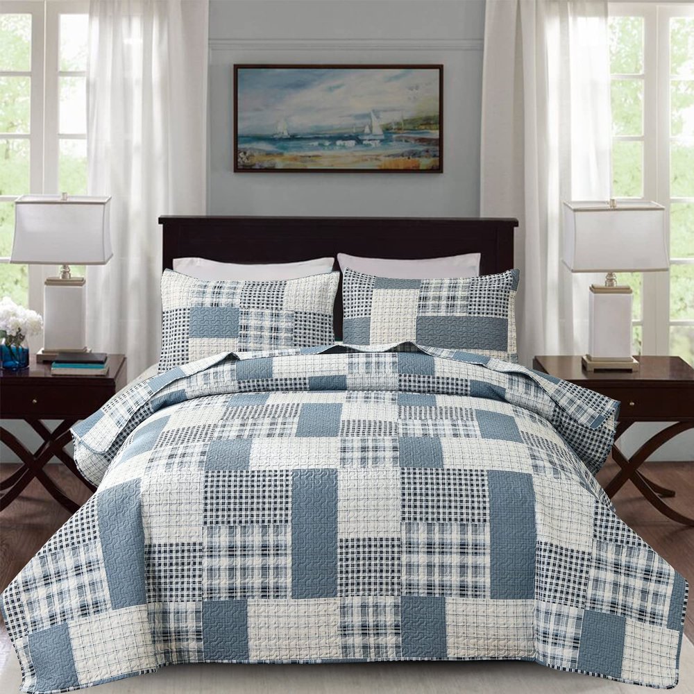 3 Piece King Size Plaid Quilt Set Country Patchwork Bedding Quilt Lightweight Reversible Bedspread Coverlet with Sham Soft All Season Bed Coverlet Set, 1 Quilt 2 Pillow Shams
