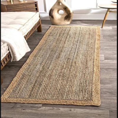100% Jute Farmhouse Rugs for Living Area Rug Hand Braided Rectangle Natural Beige Border Rugs for Bedroom, Kitchen, Living Room Diamond Rug Carpet Runner (2.6x6 Square Feet, Dark Grey+Natural Border)