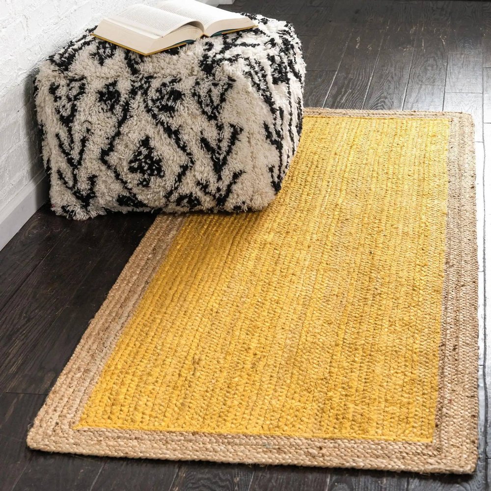 100% Jute Farmhouse Rugs for Living Area Rug Hand Braided Rectangle Natural Beige Border Rugs for Bedroom, Kitchen, Living Room Diamond Rug Carpet Runner (2.6x10 Square Feet, Yellow+Natural Border)