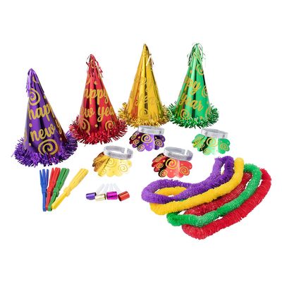 Fun Express New Year's Eve Glittered Party Kit - Complete Celebration Set with Hats Noisemakers - Party Accessories for Large Gatherings Events & Festivities - Multi-Color Adults & Kids - 50 Pieces