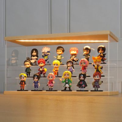 LANSCOERY LED Lighted Acrylic Display Case, 3 Tier Display Box for Collectibles and Action Figures, Clear Dustproof Organizer with Wooden Base  15.2x6.5x7.5inch