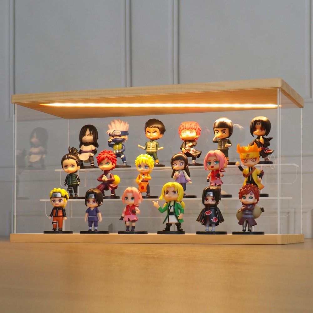 LANSCOERY LED Lighted Acrylic Display Case, 3 Tier Display Box for Collectibles and Action Figures, Clear Dustproof Organizer with Wooden Base  15.2x6.5x7.5inch