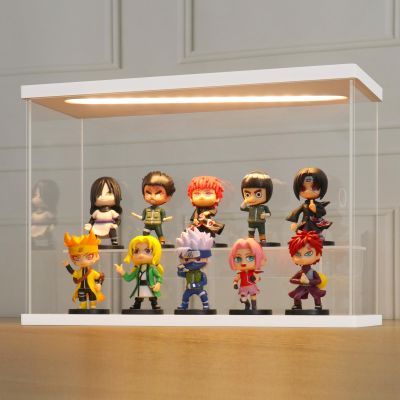 LANSCOERY LED Lighted Acrylic Display Case, 2 Tier Display Box for Collectibles and Action Figures, Clear Dustproof Organizer with White Base  11.8x4.3x7.9inch