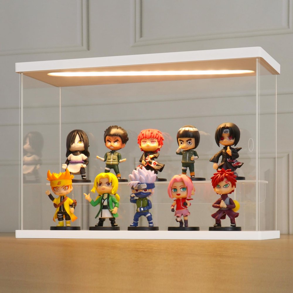 LANSCOERY LED Lighted Acrylic Display Case, 2 Tier Display Box for Collectibles and Action Figures, Clear Dustproof Organizer with White Base  11.8x4.3x7.9inch