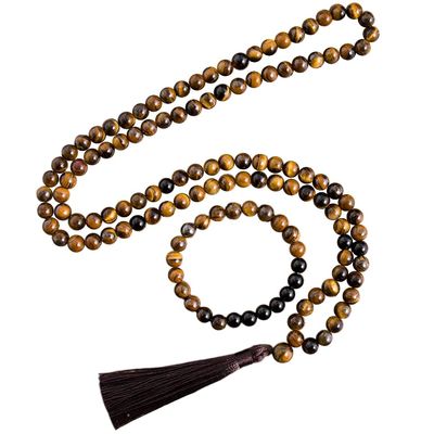 TAMHOPE Long Tiger Eye Beaded Black Onyx Tassel Necklace and Rosary Japa Mala Beaded Wrist Bracelet(8mm/0.32 inches)