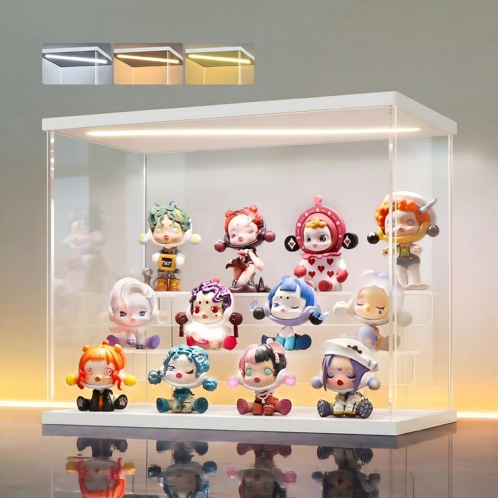 LANSCOERY LED Lighted Acrylic Display Case, 3 Tier Display Box for Collectibles and Action Figures, Clear Dustproof Organizer with White Base  11.8x6.3x9.4inch