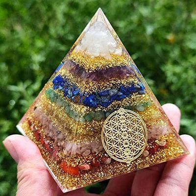 TAMHOPE Orgonite 7 Chakra Energy Pyramid Aura Quartz Divination,Yoga Meditation Resin Handcraft EMF Protection Home Ornaments(8CM,Extra Large)