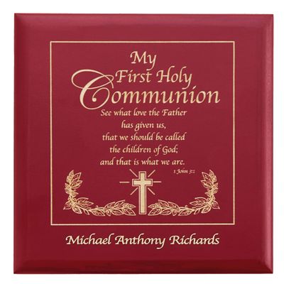 Let's Make Memories Personalized Communion Keepsake Box - Scripture - Sacrament - Religious Keepsake - First Communion - Natural Wood - Cherry Finish - Inspirational Verse - 6.75Lx6.75W