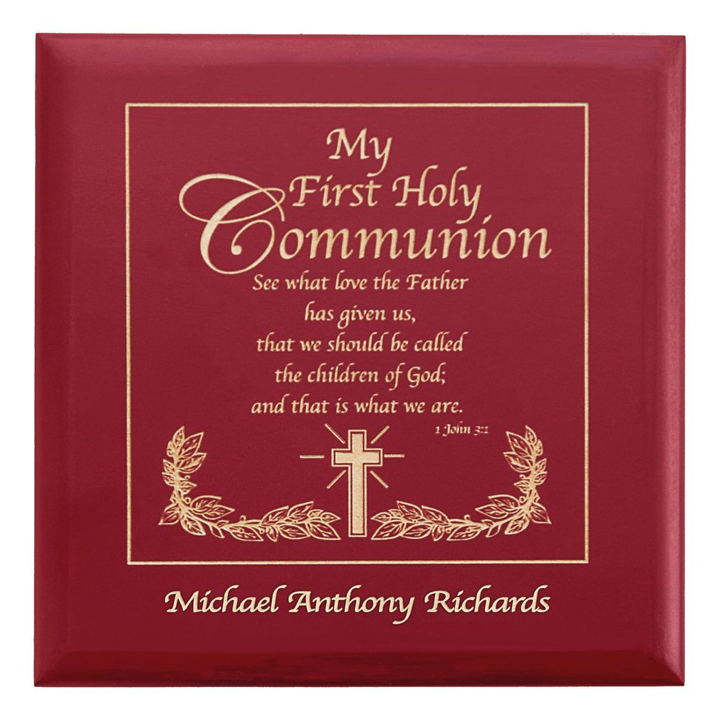 Let's Make Memories Personalized Communion Keepsake Box - Scripture - Sacrament - Religious Keepsake - First Communion - Natural Wood - Cherry Finish - Inspirational Verse - 6.75Lx6.75W