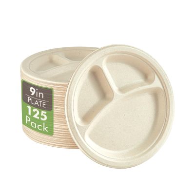 Vplus 100% Compostable Paper Plates, 125 Pack 9 Inch 3 Compartment Plates Disposable, Heavy Duty Biodegradable Plates Made of Sugar Cane Fibers, for Daily meals, Dinner, Parties, BBQ
